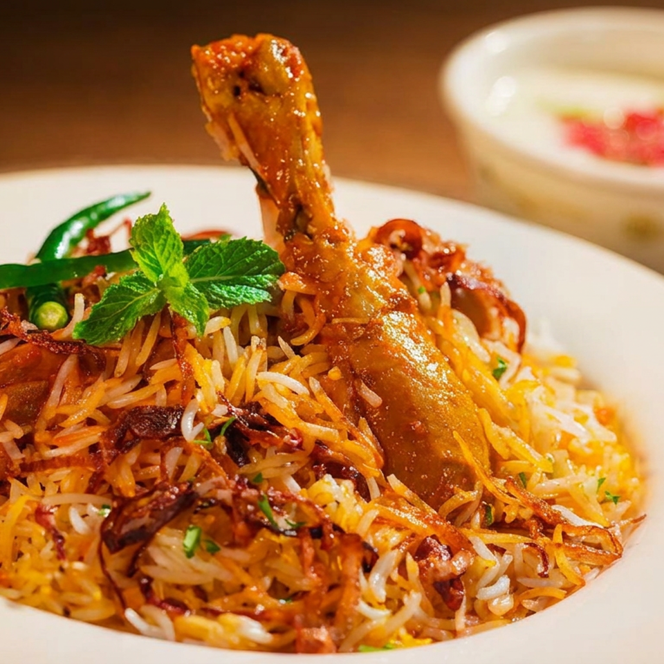 Chicken biryani with mint, green chilies, fried onions, and sides of raita and chutney.