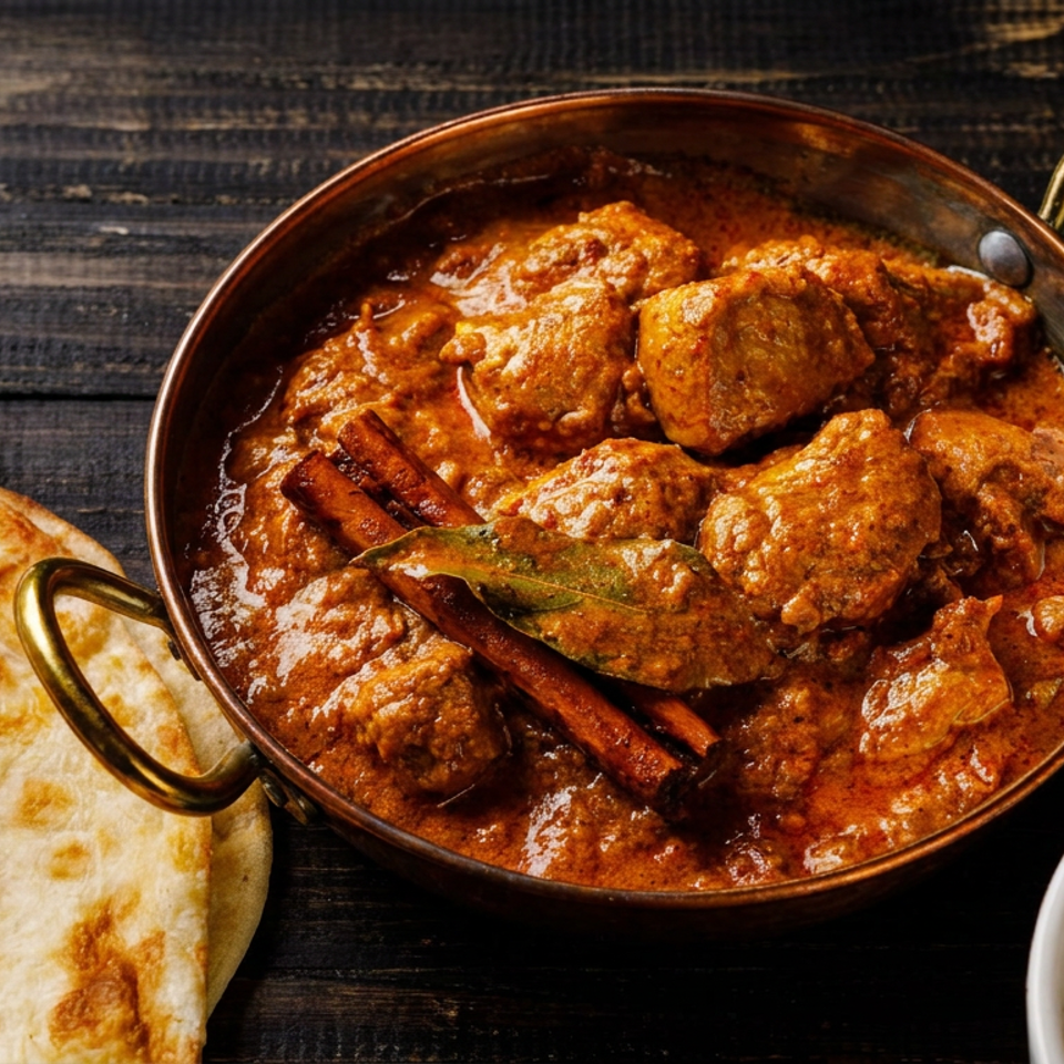 Chicken curry in a copper pot with naan bread and a bowl of rice on a dark wooden table.